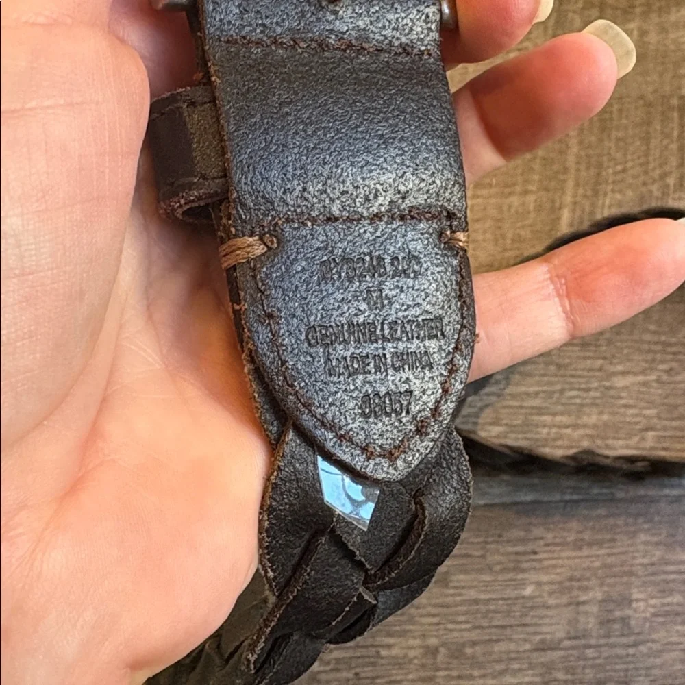 Men's Genuine Leather Braided Belt Dark Brown Distressed Silver Tone Buckle 41”